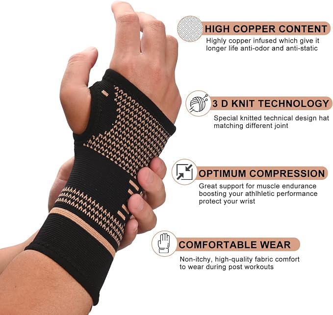 Copper Wrist Compression Sleeves, Comfortable and Breathable for Arthritis, Tendonitis, Sprains, Workout, Carpal Tunnel, Wrist Support for Women and Men