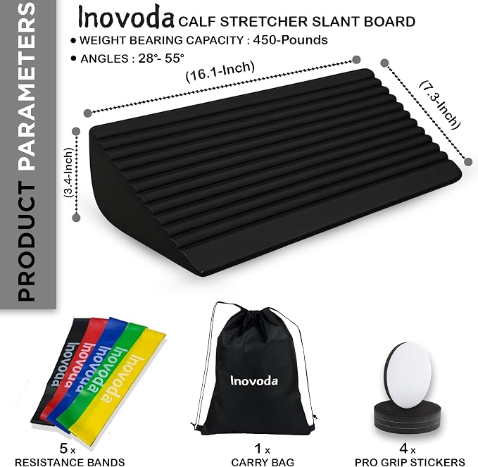 Inovoda Calf Stretch Board I Slant Board For Calf Stretching & Calf Raise Block for Relief of Plantar Fasciitis, Achilles Tendonitis & Calf Tightness | Calf Stretcher with 5 Resistance Bands & Carry Bag I Ankle Balance Board & Ankle Exerciser Strengthener
