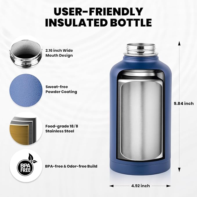 RAYMYLO Insulated Water Bottle 64 oz, Triple Wall Vacuum Stainless Steel | (Cold for 48 Hrs), Leak Proof & Non-BPA, Half Gallon Water Flask Jug with Paracord Handle & Straw Spout Lids, Navy Blue