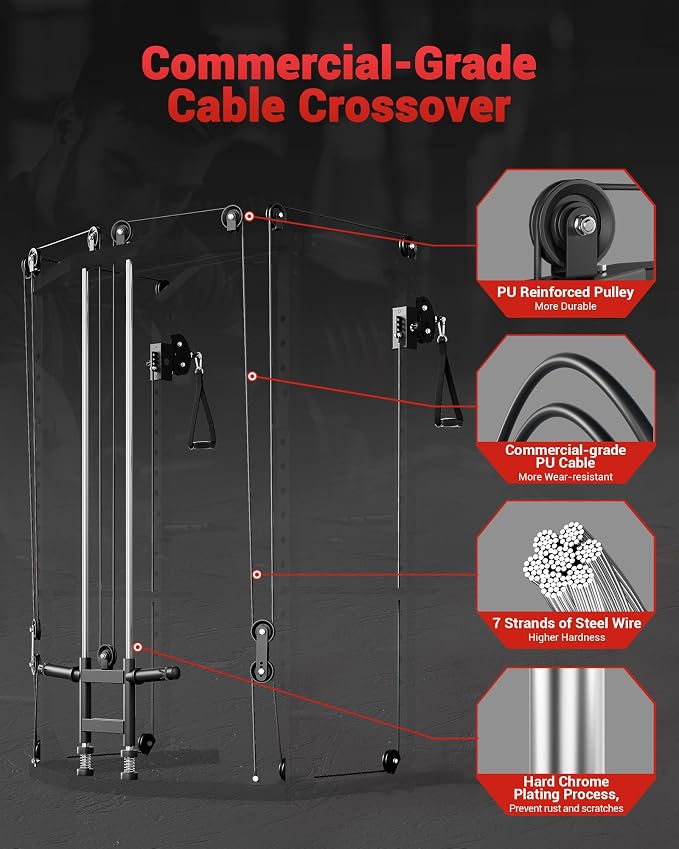 Garvee Power Cage with Cable Crossover System, Power Rack for Home Gym | 1600 Lb Capacity, Carbon Steel Squat Machine with LAT Pulldown Pulley System, J-Hooks, Dip Handles, Landmine Attachment