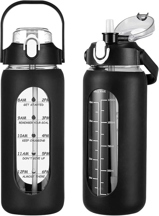 56oz Glass Water Bottles with Straw, Motivational Glass Bottle with Silicone Sleeve and Time Marker, Leakproof Large Glass Water Jug for Gym Home Office, Black.