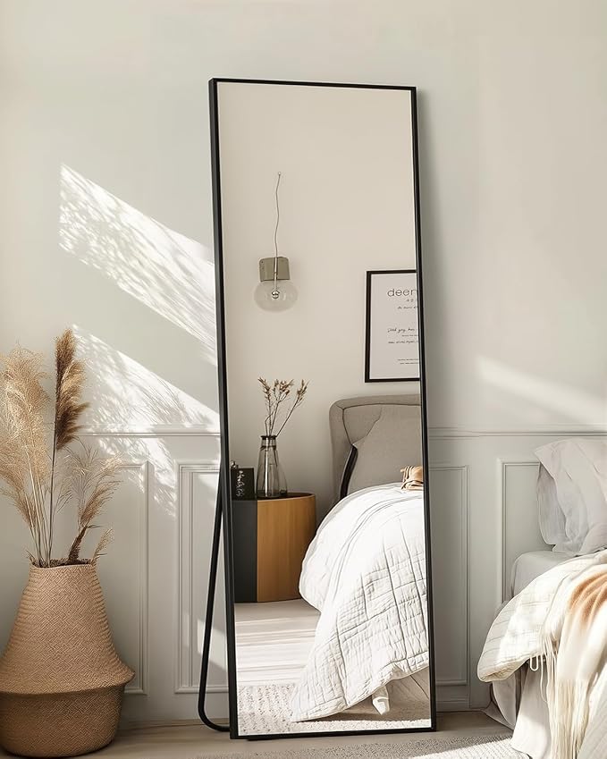 Full-Length Floor Mirror with Stand, 56"x14" Rectangle Style Full Body Standing Mirror for Bedroom, Living Room, Gym, Dorm - Shatter-Resistant & Easy Assembly, Black
