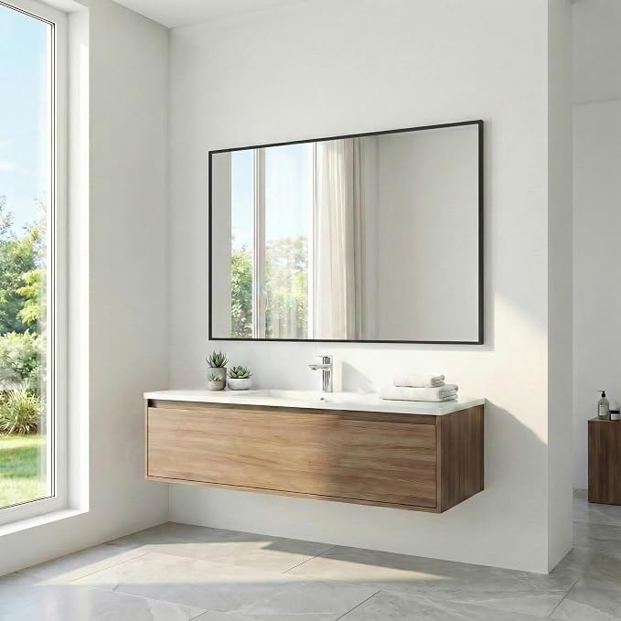 30" x 48" Matte Black Wall Mirror, 48" x 30" Large Metal Framed Landscape Decor, Horizontal Bathroom Mirror for Wide Vanity & Dining Room