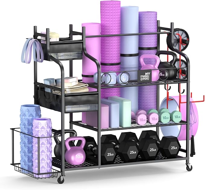 Mythinglogic Home Gym Storage Rack with Wheels for Dumbbells and Yoga Mats | Versatile storage with shelves, hooks and side holders for kettlebells, foam rollers, bands, weight plates and gym gear
