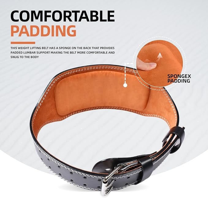 Leather Weight Lifting Belt, 4”& 6”Padded Lumbar Back Support, 10 Adjustable Holes, Gym Weight Belt Ideal for Deadlift, Powerlifting, Bodybuilding and Squat