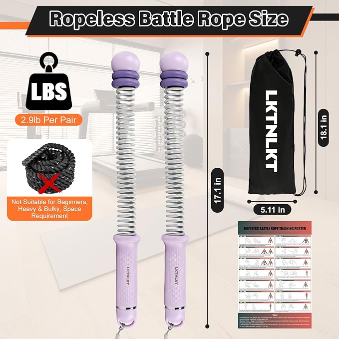 Weighted Ropeless Battle Ropes Adjustable Weight - Portable Cordless Battle Ropes for Home Gym with Workout Poster, Strength Building, HIIT & Low-Impact Cardio Training for Men & Women (Purple)