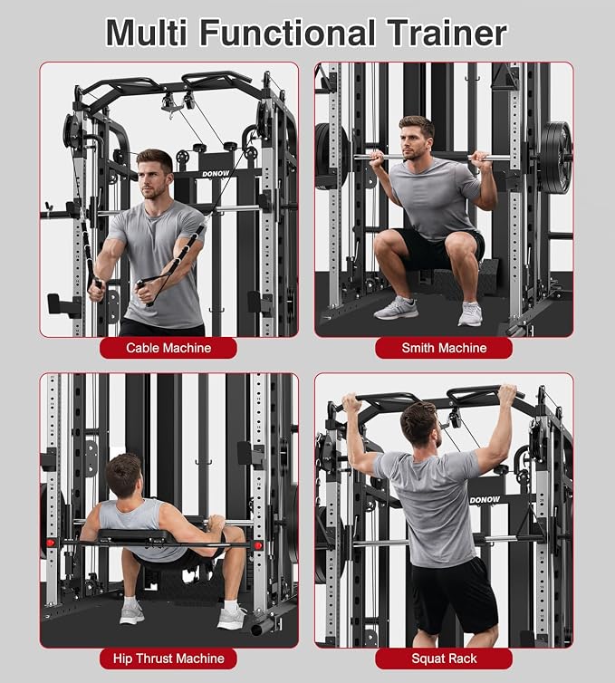 DONOW Smith Machine with Weight Stacks Home Gym System Cable Crossover | Multi Function, All in One, Heavy Duty, Lat Pulldown Bench, Hip Thrust Attachment, Smooth Smith Bar and Cable System
