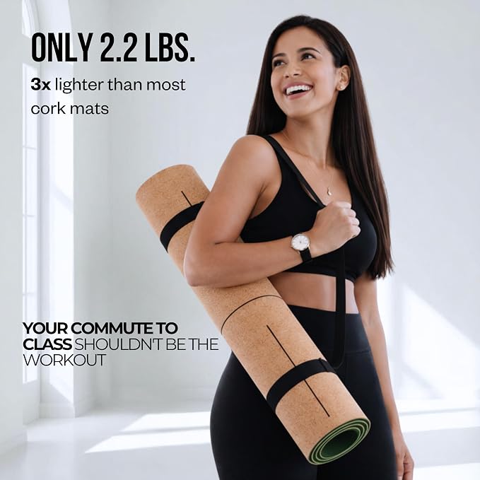 Cork Yoga Mat – Ultra Lightweight 2.2 lbs – Sweat Activated Non-Slip Grip for Hot Yoga & Gym – Easy Carry to Studio – 6MM Thick – Strap Included