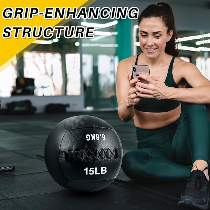 Lunmon Soft Wall Medicine Ball for Exercise Fitness Slam Weighted Med Ball with Non Slip Grip for Slamming Workout Strength Conditioning Core Training Lunge and Partner Toss