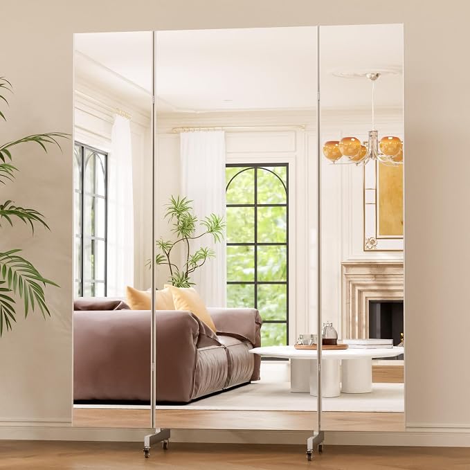 brisafe 67"x55" Folding Mirror with Wheels, 3-Panel Full Length Standing Mirror, Space-Saving, Shatterproof Nano Material, Portable Floor Mirror for Gym, Dance Studio, Home, Commercial Use, Silver