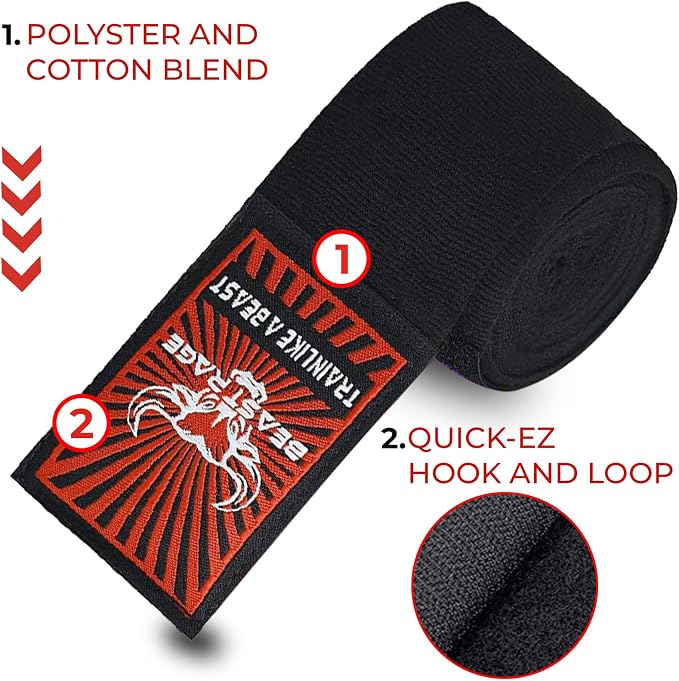 BEAST RAGE Boxing Hand Wraps for MMA Kickboxing Wrist Wraps Professional Adult 180" Semi-Elastic Martial Arts Inner Gloves Heavy Bag Handwraps Muay Thai Thumb Straps