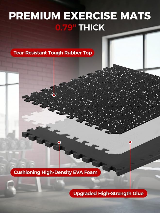 0.79" Extra Thick Rubber Top Gym Flooring, 18 Tiles 72 Sq Ft Heavy Duty Interlocking Exercise Mats, High Density EVA Foam Non-Slip Workout Mat for Home Gym & Garage, 24x24in, Black/White