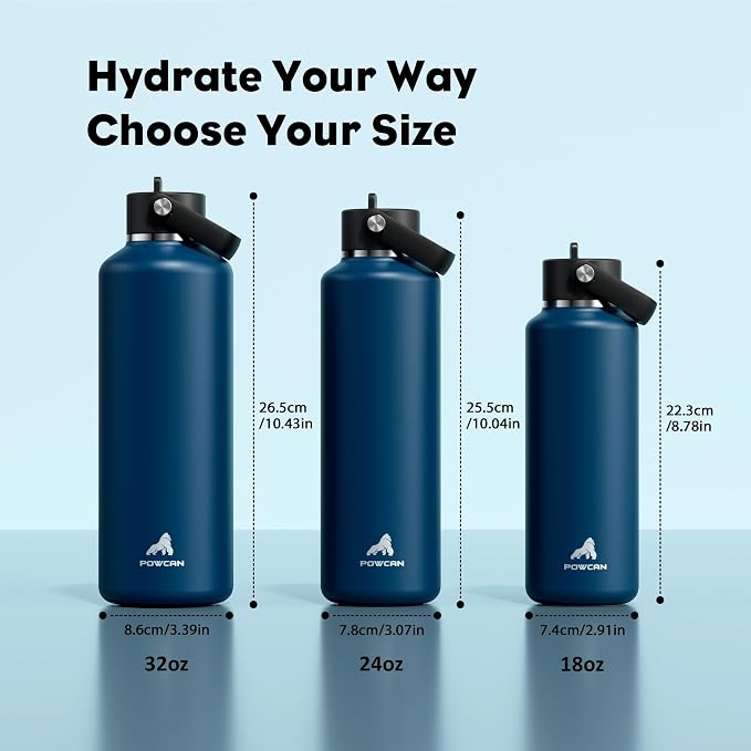 POWCAN 24 oz Water Bottle Insulated: BPA-Free, Leakproof Lid with Straw, Lightweight, Flex Cap, Stainless Steel Water Bottle for Office, Men, Gym, Commute, Worker, Walking, Cycling (Indigo Blue)