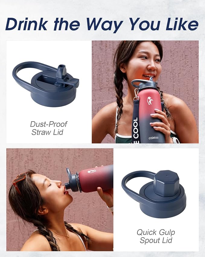 Coolflask 40 oz Water Bottle Insulated Stainless Steel with Strap | Metal Water Flask with Straw & Spout Lids, Triple-Wall, Cold 48+h, Dishwasher Safe, Leakproof, BPA-Free, for Gym & Hiking