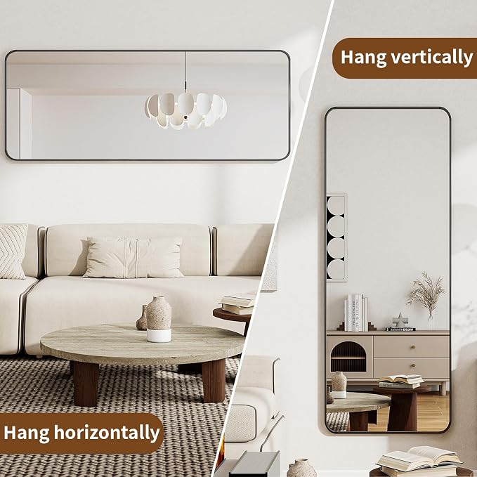 BEAUTYPEAK 66" x 23" Rounded Corner Full Length Mirror with Stand, Black | Aluminum Alloy Frame with Standing, Leaning, or Wall-Mounted, Ideal for Bedroom, Dressing Room, Entryway, and Living Room