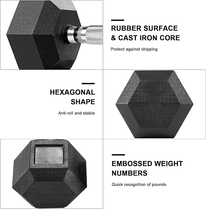 LIFERUN Rubber Coated Hex Dumbbell Set of 2, 30-85lb Cast Iron Free Weights | Anti-Slip Dumbbells, Hex Shape Prevents Rolling, Durable Home Gym Free Weights for Full-Body Strength Training