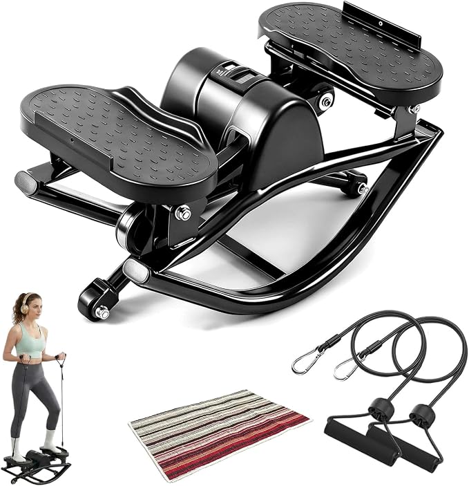 Rocking Stepper for Exercise at Home Portable Lateral Rock Stepper from Side to Side with Resistant Bands and Non-Slip Mat - Black