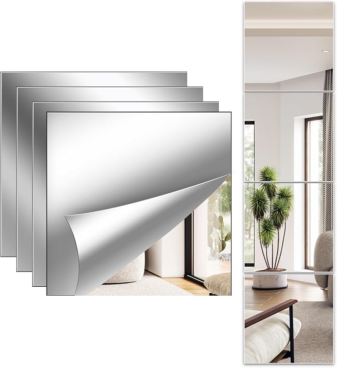 Full Length Wall Mirror Tiles, 12'' x 12'' x 4PCS, Acrylic Unbreakable Full Body Mirror for Bedroom Squares Shatterproof Mirror Sheets Wall Mounted for Home Gym Door Plexiglass Mirrors Safe for Kids