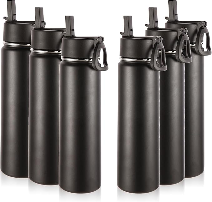 Volhoply 24oz Insulated Water Bottle With Straw Bulk 6 Pack,Metal Wide Mouth Water Bottles With Handle Lid Keep Cold,Reusable Double Wall Cups,Powder Coated Sport Bottle For Holder(Black,6 Count)