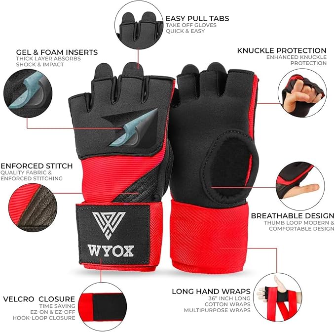 WYOX Neoprene Gel Boxing Hand Wraps Inner Gloves for Men & Women – 80cm/31in Quick Wrist Strap, Padded Knuckle Protection, Fingerless MMA Muay Thai Kickboxing Wraps for Training & Martial Arts