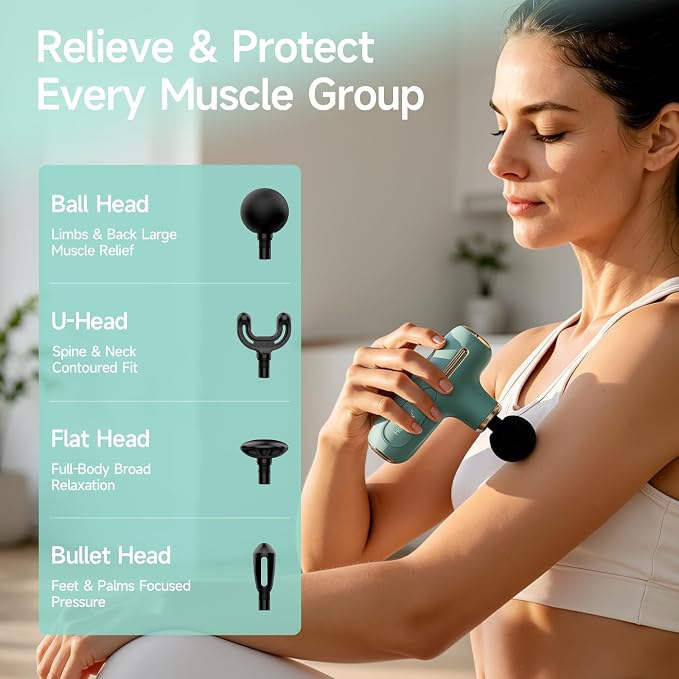 Super Mini Massage Gun Deep Tissue, Percussion Massager with 4 Heads | Handheld Massagefor Back Neck Shoulder Relief, FSA Eligible, Quiet for Men Women Athletes, HSA, Green
