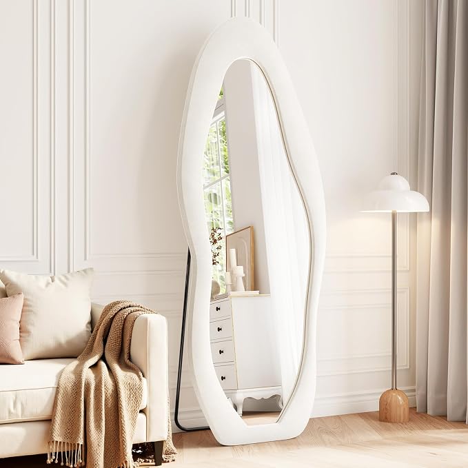 Full Length Mirror, 63"x24" Flannel Floor Mirrors with Stand | Irregular Wavy Mirror Full Body for Bedroom Living Room, Hanging or Leaning Wavy Wall Mirror, Tempered Glass, Beige