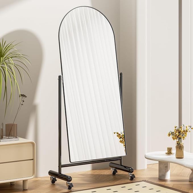 Large Arched Full Length Mirror on Wheels, Rolling Tilting Swivel Floor Mirror 65" x 23.6" with Tempered Glass and Metal Frame, Modern Dressing Mirror Body Mirror, Home Decor, Black