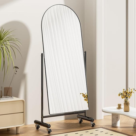 Large Arched Full Length Mirror on Wheels, Rolling Tilting Swivel Floor Mirror 65" x 23.6" with Tempered Glass and Metal Frame, Modern Dressing Mirror Body Mirror, Home Decor, Black