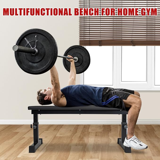 Flat Weight Bench, Utility Workout Adjustable Height Weight Bench Press with Thick Cushion & Anti-slip Foot Pads, Compact Strength Training for Exercise & Fitness, Home/Gym Easy Assembly