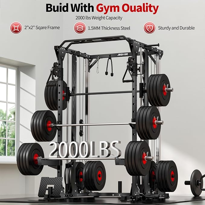 JEEKEE Power Cage with Cable Crossover System, 2000LB Multi-Function Power Rack with Independent Dual Pulleys, LAT Pulldown Seat Cushion, 20+ Attachments Squat Rack for Home Gym Workout,Black