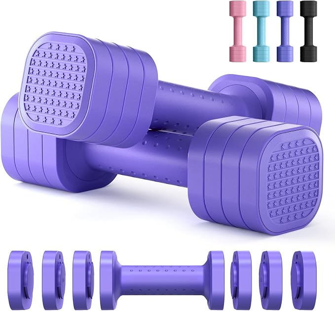 Zempox Hand Weights for Women at Home 2-5 lb Light Adjustable Dumbbells Set | Adjustable 2-5 lb(A Pair 4lb 6lb 8lb 10lb), 4-in-1 Design, TPU Soft Grip, Quick Weight Change, Compact for Home, Gym, Office