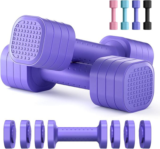 Zempox Hand Weights for Women at Home 2-5 lb Light Adjustable Dumbbells Set | Adjustable 2-5 lb(A Pair 4lb 6lb 8lb 10lb), 4-in-1 Design, TPU Soft Grip, Quick Weight Change, Compact for Home, Gym, Office