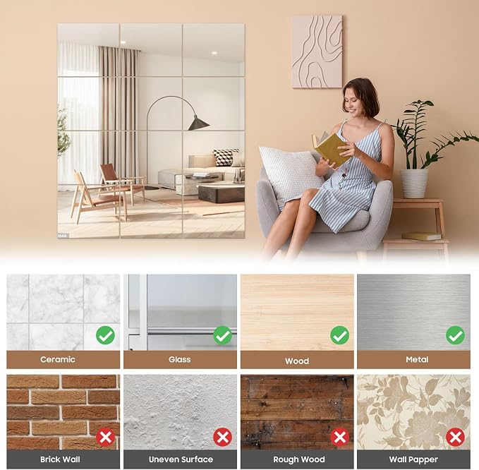 12PCS 14"x12" Home Gym Mirror, Wall Mirrors Decorative Shatterproof Self Adhesive Glass Mirror Tiles for Gym, Bedroom, Bathroom, Living Room