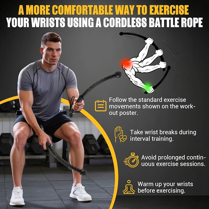 Ropeless Battle Rope for Home Gym with Non-Slip Handle for Wrist Protection | Upgraded Heavy Duty Portable Cordless Battle Ropes with Poster, Exercise Rope for HIIT and Low-Impact Aerobic Training