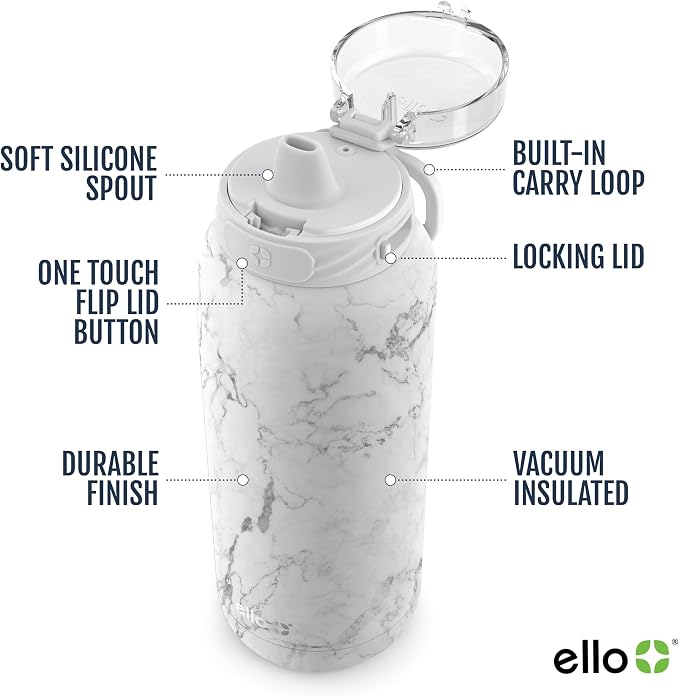 Ello Cooper 22oz Insulated Stainless Steel Water Bottle with Straw, White Marble