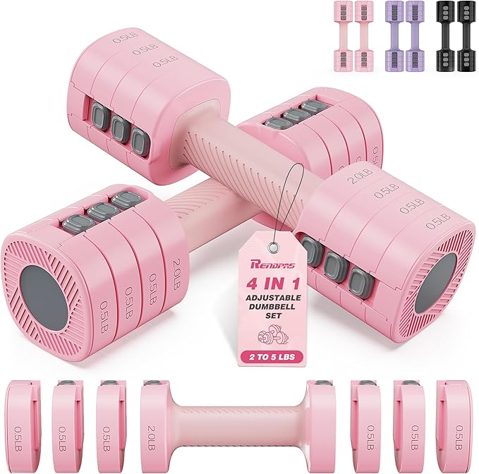 Rendpas Adjustable Dumbbell Set of 2, 10lb & 22lb Pairs (5lb/11lb Each) | Anti-Slip No-Roll Handle Weights, Bench Combo Option for Home Gym, Pilates & Strength Training