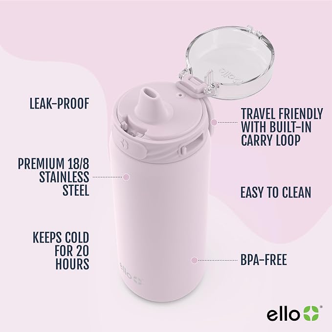 Ello Cooper 18oz Insulated Stainless Kids Water Bottle with Straw, Cashmere Pink