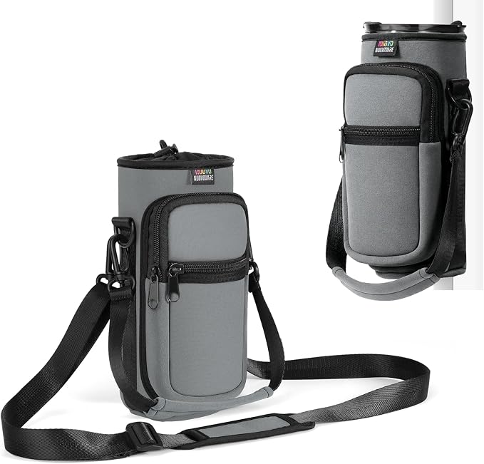 Nuovoware Magnetic Gym Bag, 25oz/32oz, Water Bottle Carrier Holder, Grey | Adjustable Shoulder Strap, 2 Pocket, Sports Sling Neoprene Sleeve, for Hiking Travelling Camping