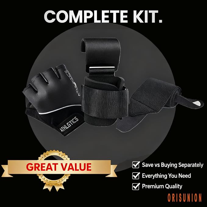 3-in-1 Gym Gloves Set with Deadlift Hooks & Wrist Wraps for Men & Women | lightweight breathable gloves, multi-size, steel hooks for heavy lifts, for deadlifts rows pull-ups cycling & daily driving