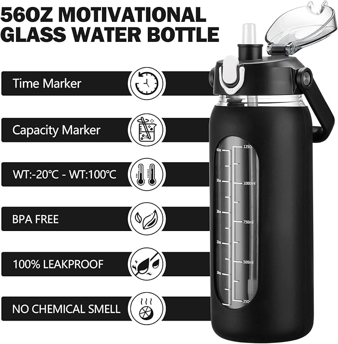 56oz Glass Water Bottles with Straw, Motivational Glass Bottle with Silicone Sleeve and Time Marker, Leakproof Large Glass Water Jug for Gym Home Office, Black.