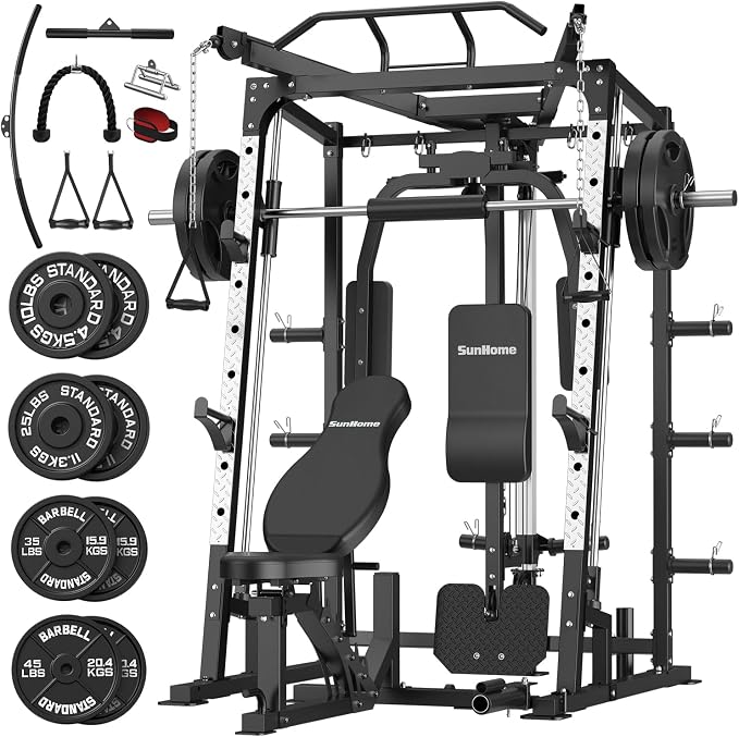 SunHome Smith Machine, 2000LBS Power Cage Squat Rack with Smith Bar, LAT Pull-Down Systems, Cable Crossover Machine for Home Gym