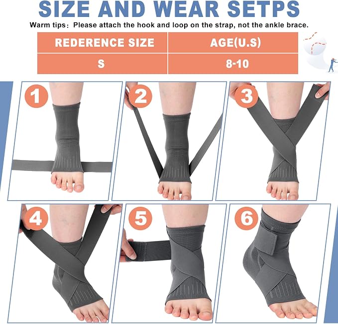 Tarpop 1 Pair Ankle Brace for Kids Compression Ankle Sleeves Adjustable Foot Support Brace Elastic Guard for Children Boys Girls Sports Running Jogging Dance Fitness Gymnastics(Grey,Small)