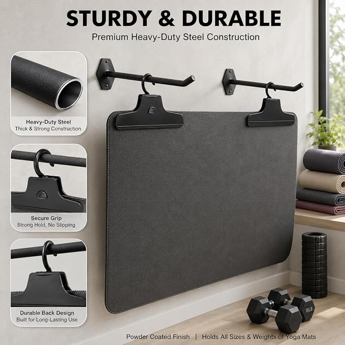 Heavy Duty Yoga Mat Holder Wall Mount & 2 Clip - for All Yoga Pilates | Yoga Mat Holder, Hanging Exercise Mat Storage Rack for All Fitness Mats, Space Saving(<20 lbs)