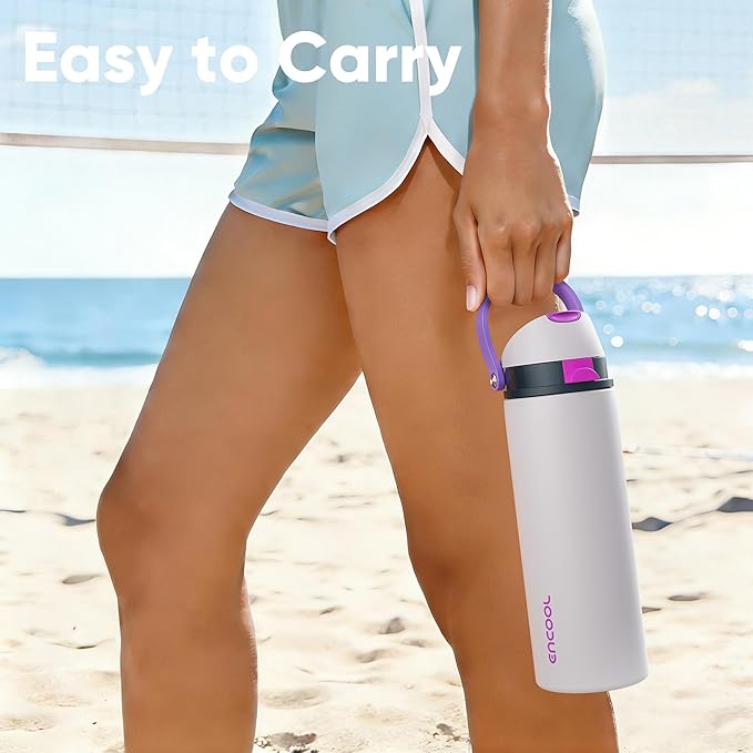 Insulated Water Bottle with Straw - Encool Stainless Steel Water Bottle with Push Button Lid, Leak-Proof & BPA-Free, Keeps Cold for 24 Hours for Sports, Travel, Gym (40 oz, Oyster Pink)