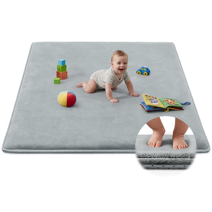 Baby Play Mat for Floor,Ultra Thick Elastic Foam 50"x50" Playmat Tummy Time Muscle Crawling Exercise Activity Cushion Gym Mat Nursery Playroom Area Kids Rug for Babies, Toddlers,Infants,Light Grey