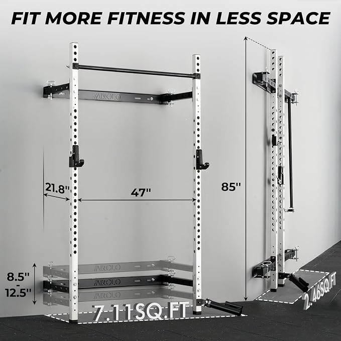 Mikolo 2" x 2" Folding Wall Mounted Squat Rack, 1000 Pounds Capacity Power Rack with Pull Up Bar, J Hooks and Other Attachments, Space-Saving Home Gym