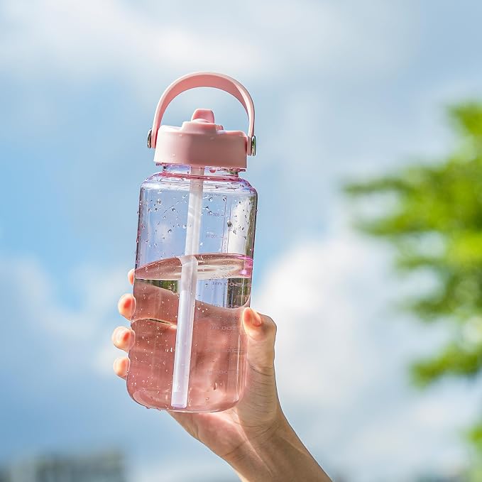 OLDLEY 32oz Water Bottle with Straw, Leakproof Tritan Clear Bottle with Marked Bottle and Carry Handle, BPA-Free Wide Mouth Reusable Sports Water Bottle for Gym,Hiking,Camping,Travel,Workout,Pink
