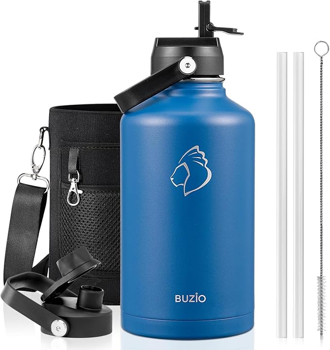 BUZIO Vacuum Insulated Stainless Steel Water Bottle (Cold for 48 Hrs/Hot for 24 Hrs), 64oz Double Walled Wide Mouth Sports Drink Flask with BPA Free Straw Lid and Flex Cap, Cobalt | Half Gallon Water Jug (Dishwasher Safe), Cold for 48 Hrs, Triple Wall ...
