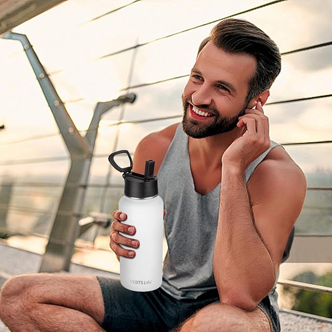 Insulated Water Bottle With Straw,32 oz Vacuum Insulated Stainless Steel Sports Water Flask,Keeps Cold and Hot,Metal Water Bottle Wide Mouth for Gym Travel Camping (White)