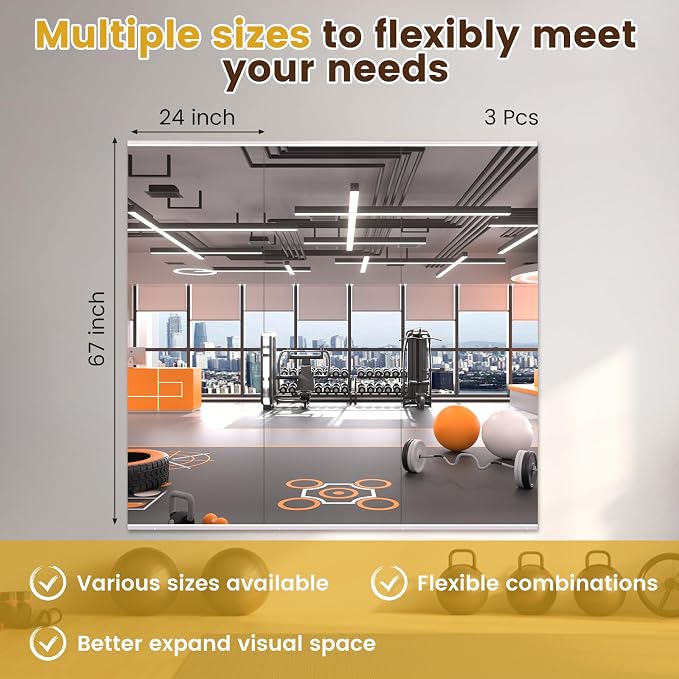 LOAAO Gym Mirror,66.93"x23.62"-3 PCS Mirror for Gym, Flexible Combination, Tempered Glass, Gym Wall Mirror for Home Gym, Dance Studio, Yoga Room, Garage Gym, Workout Room